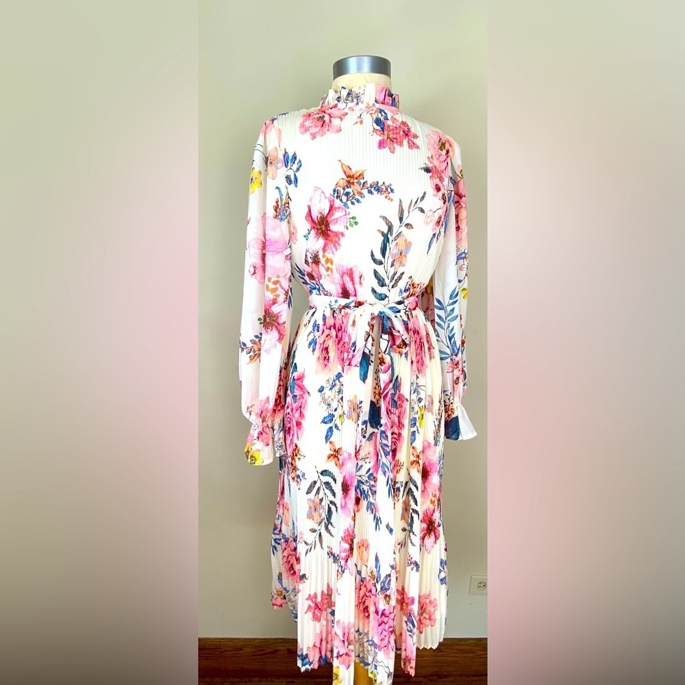 Pleated floral belted midi dress